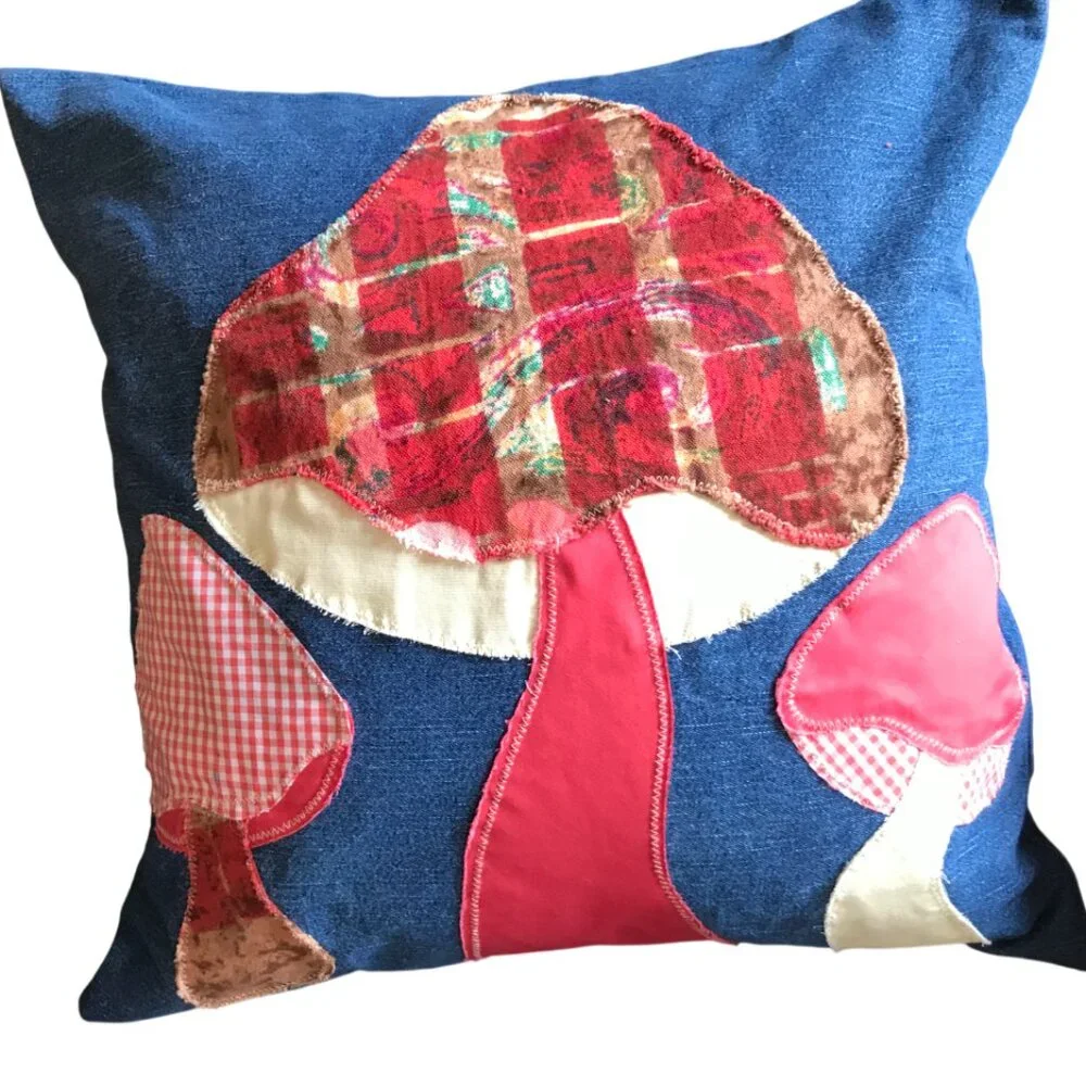 Mushroom Pillow Cover, Handmade 18 x 18 Whimsical Cottagecore Recycled Denim